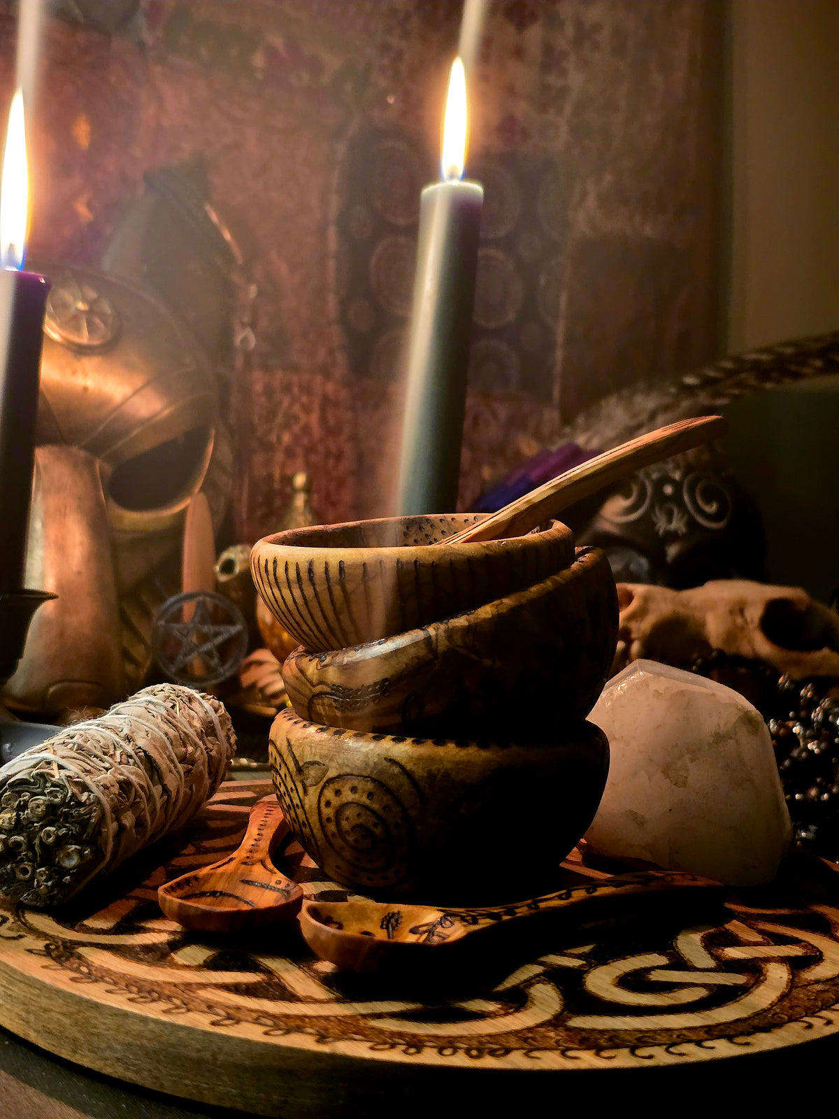 Olive Wood Ritual Offering Set | Six-Piece Hand-Burned Altar Tool Collection