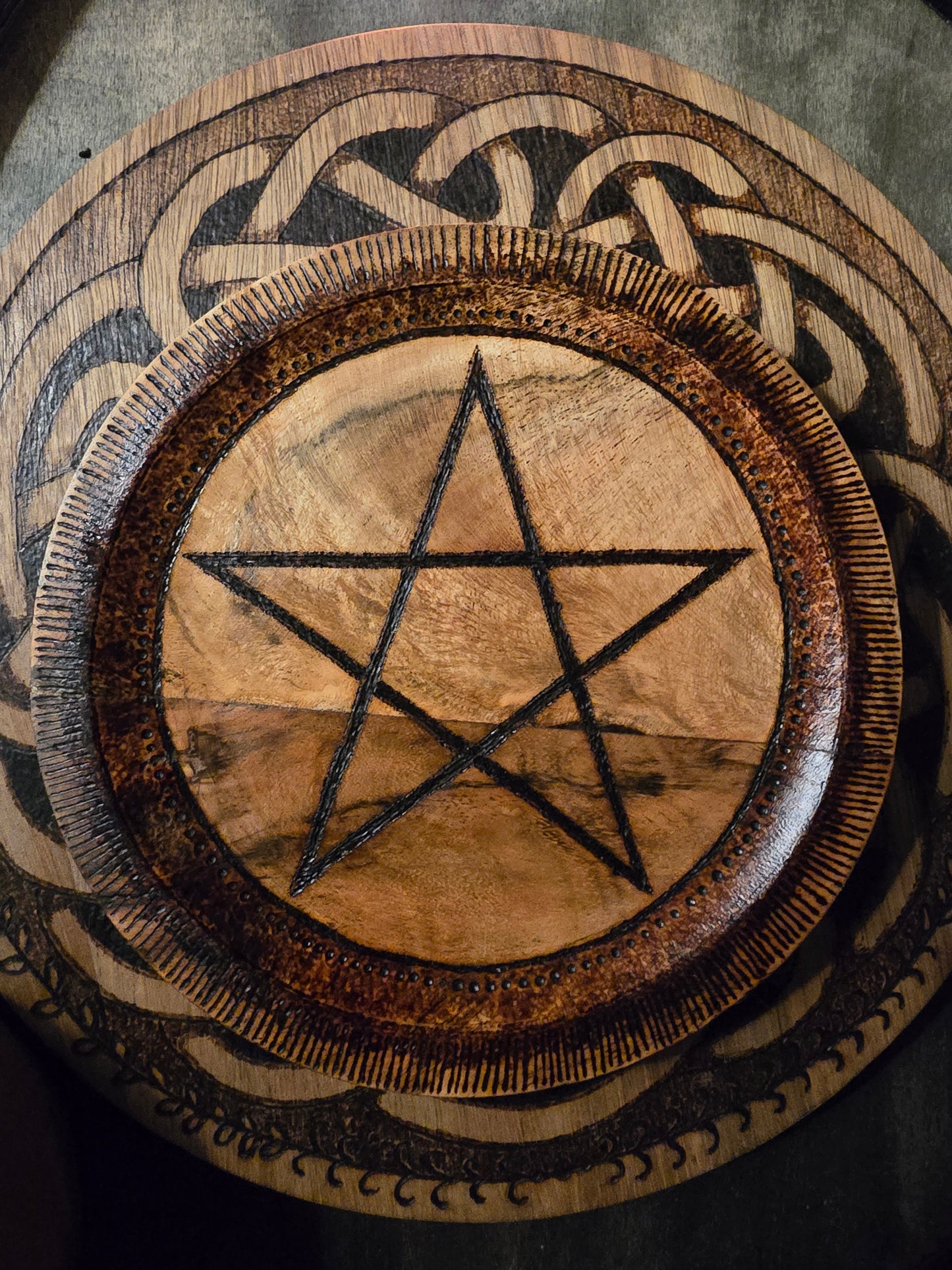 Pentacle Offering Plate & Bowl Set | Acacia Wood Altar Tools