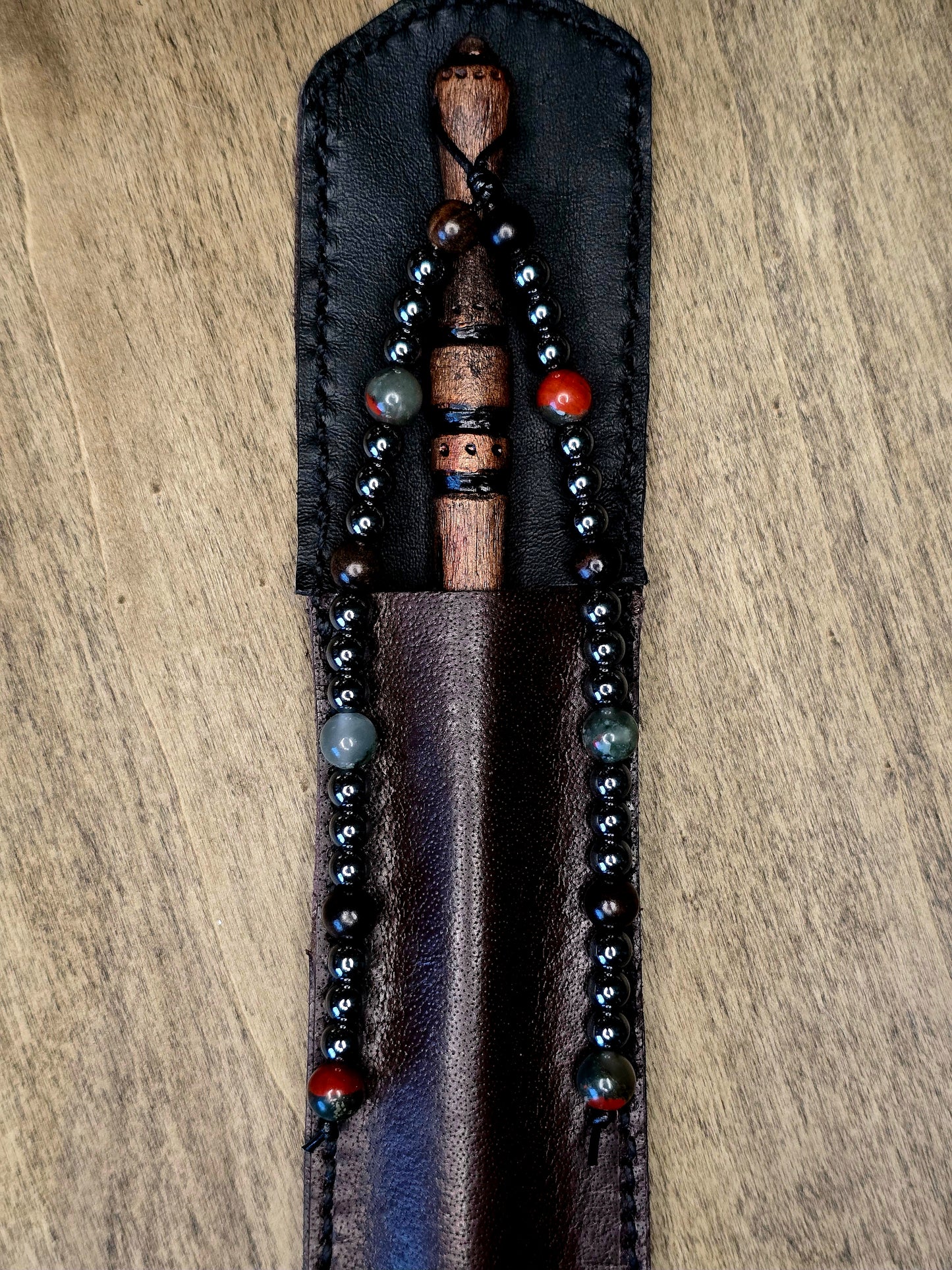 Algiz Wand Set | Ritual Wand with Leather Sheath and Beadwork