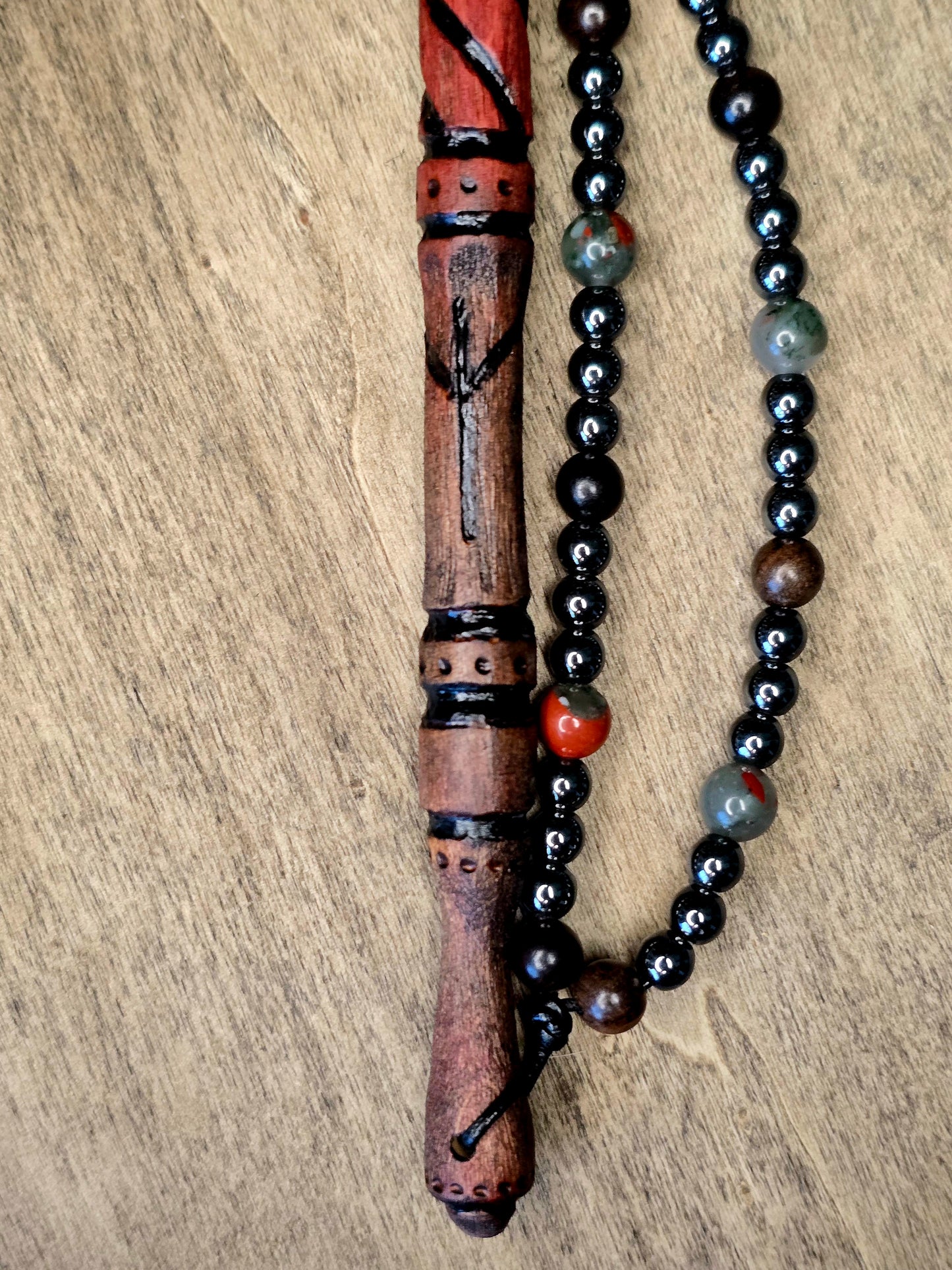 Algiz Wand Set | Ritual Wand with Leather Sheath and Beadwork
