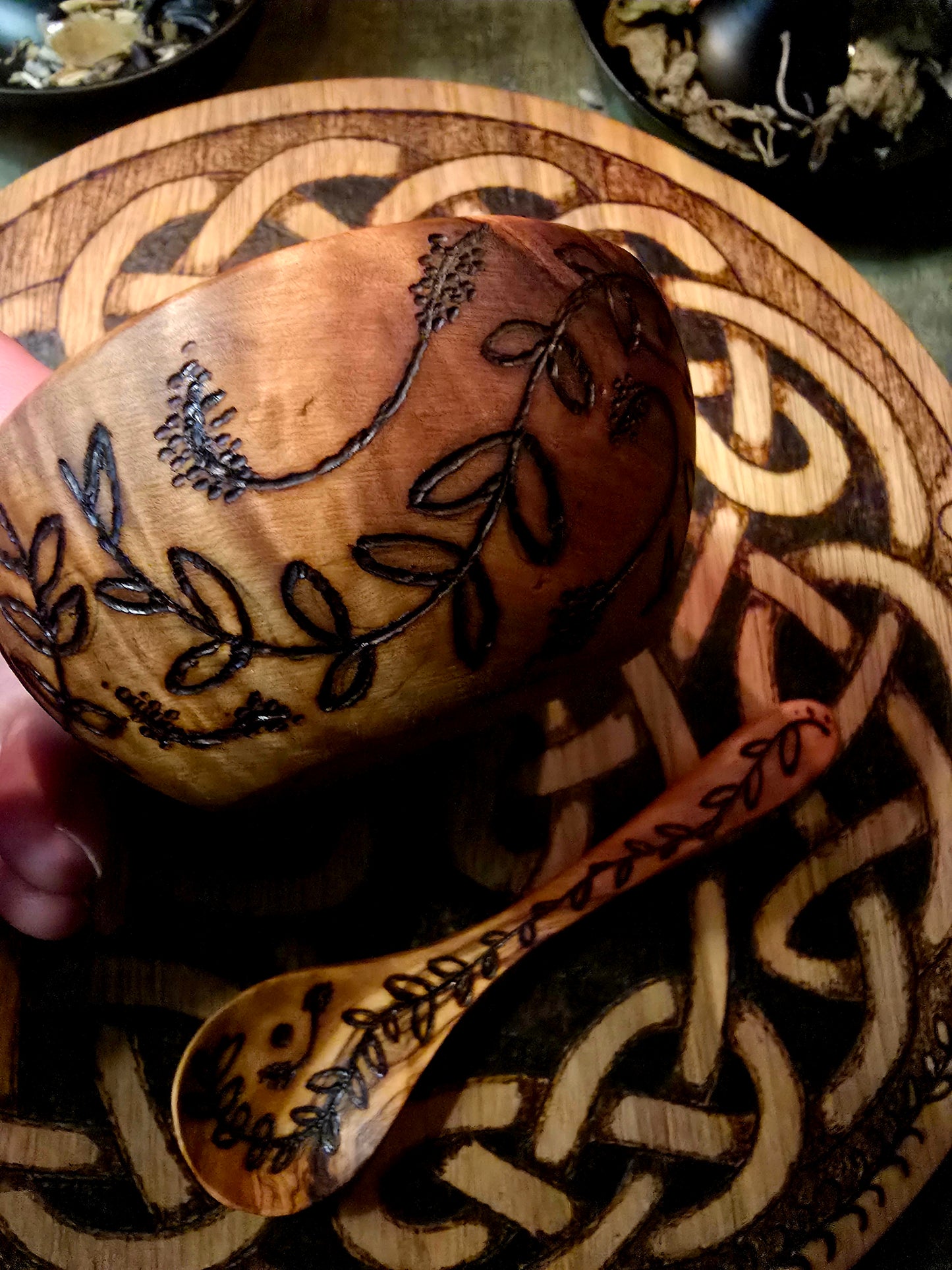 Olive Wood Ritual Offering Set | Six-Piece Hand-Burned Altar Tool Collection