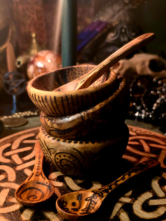 Olive Wood Ritual Offering Set | Six-Piece Hand-Burned Altar Tool Collection