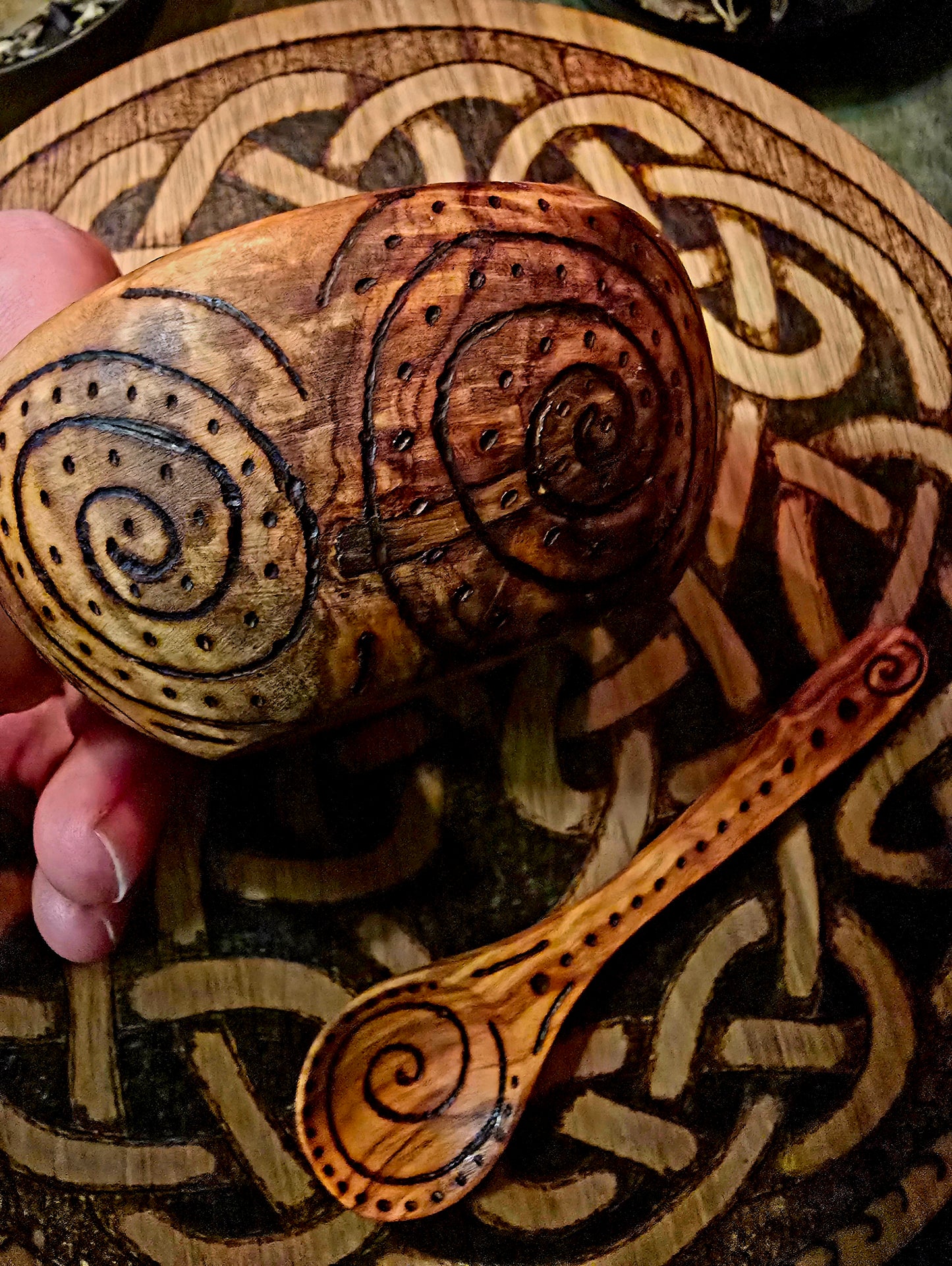 Olive Wood Ritual Offering Set | Six-Piece Hand-Burned Altar Tool Collection