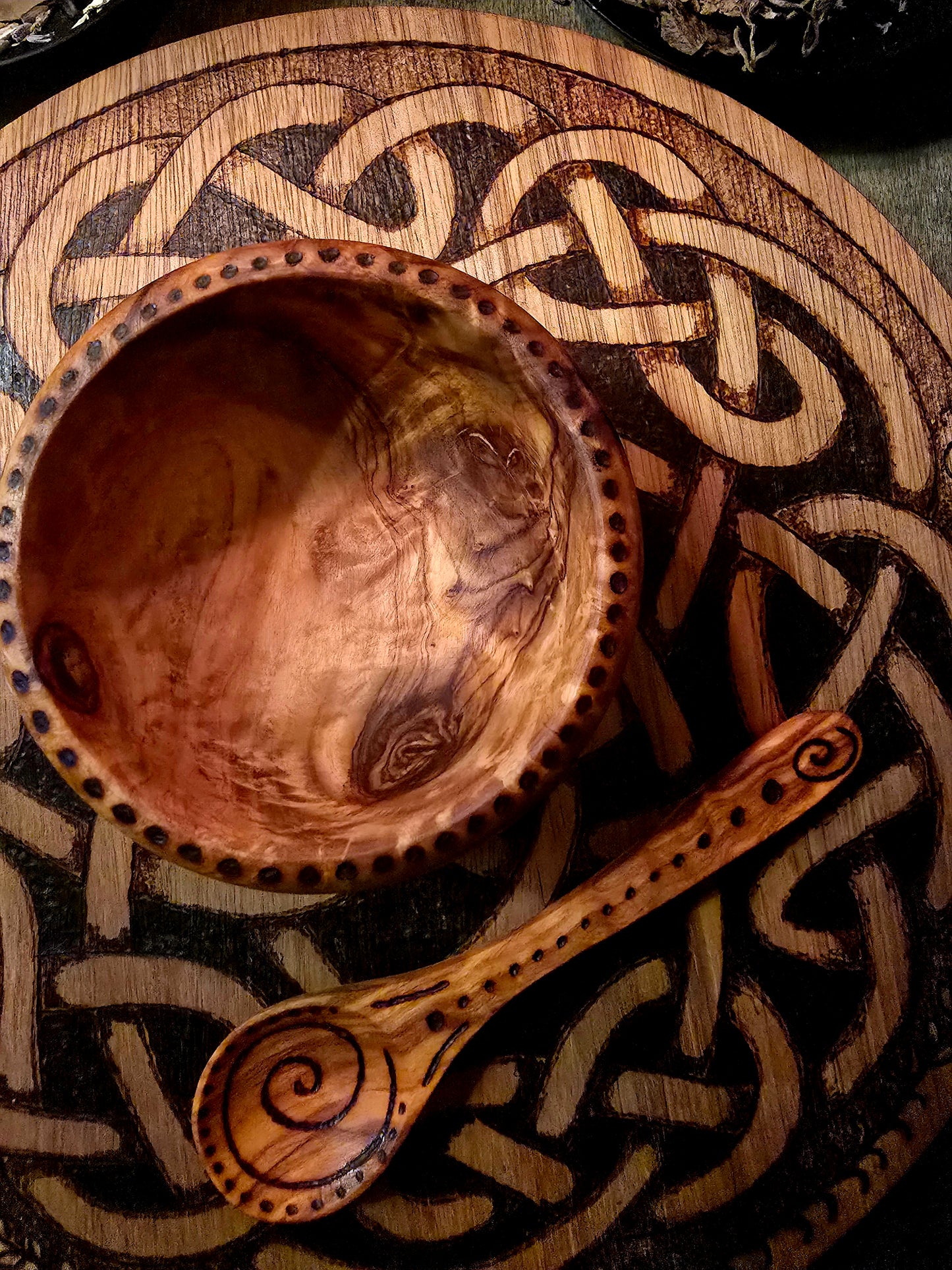Olive Wood Ritual Offering Set | Six-Piece Hand-Burned Altar Tool Collection