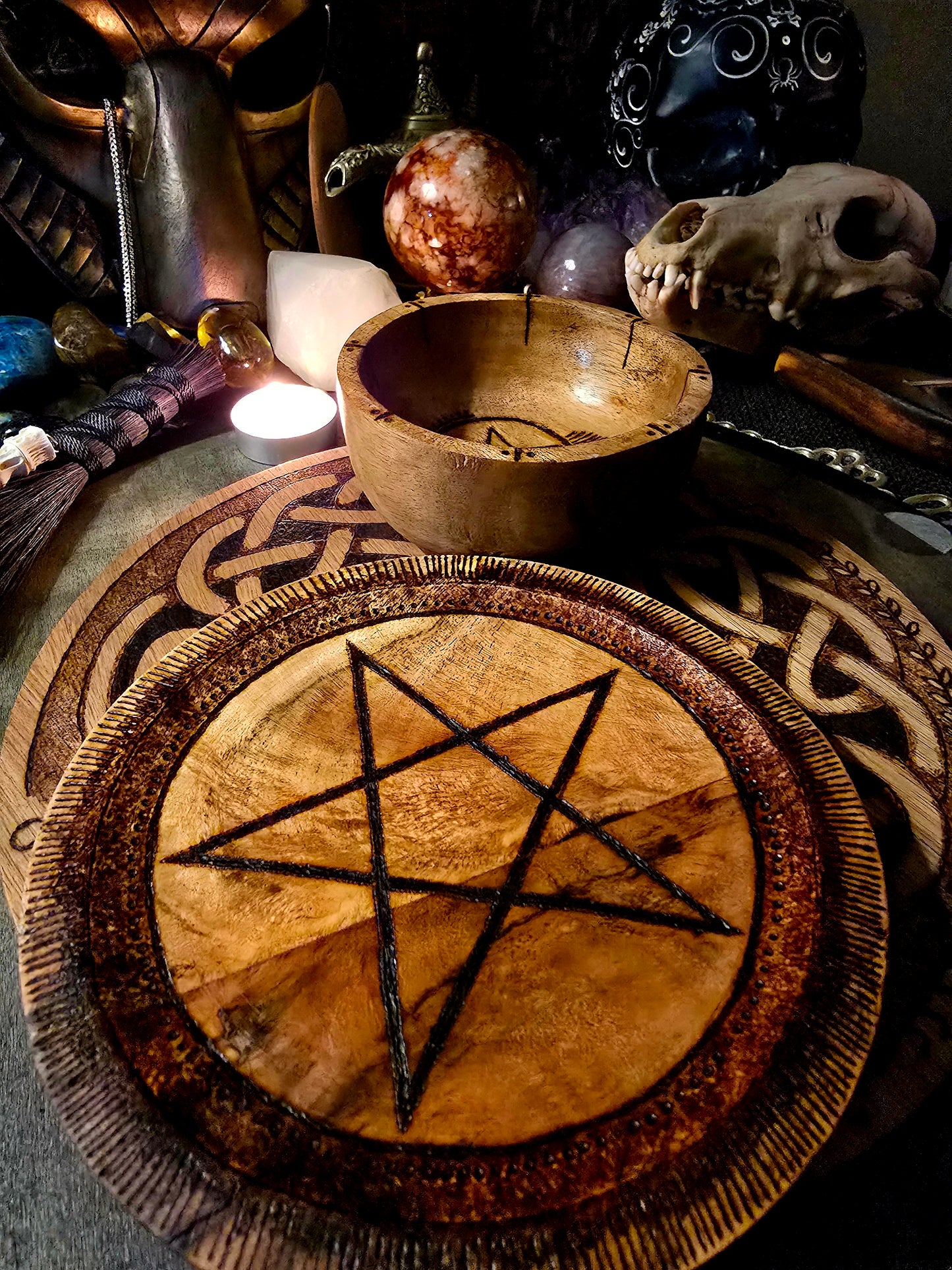Pentacle Offering Plate & Bowl Set | Acacia Wood Altar Tools