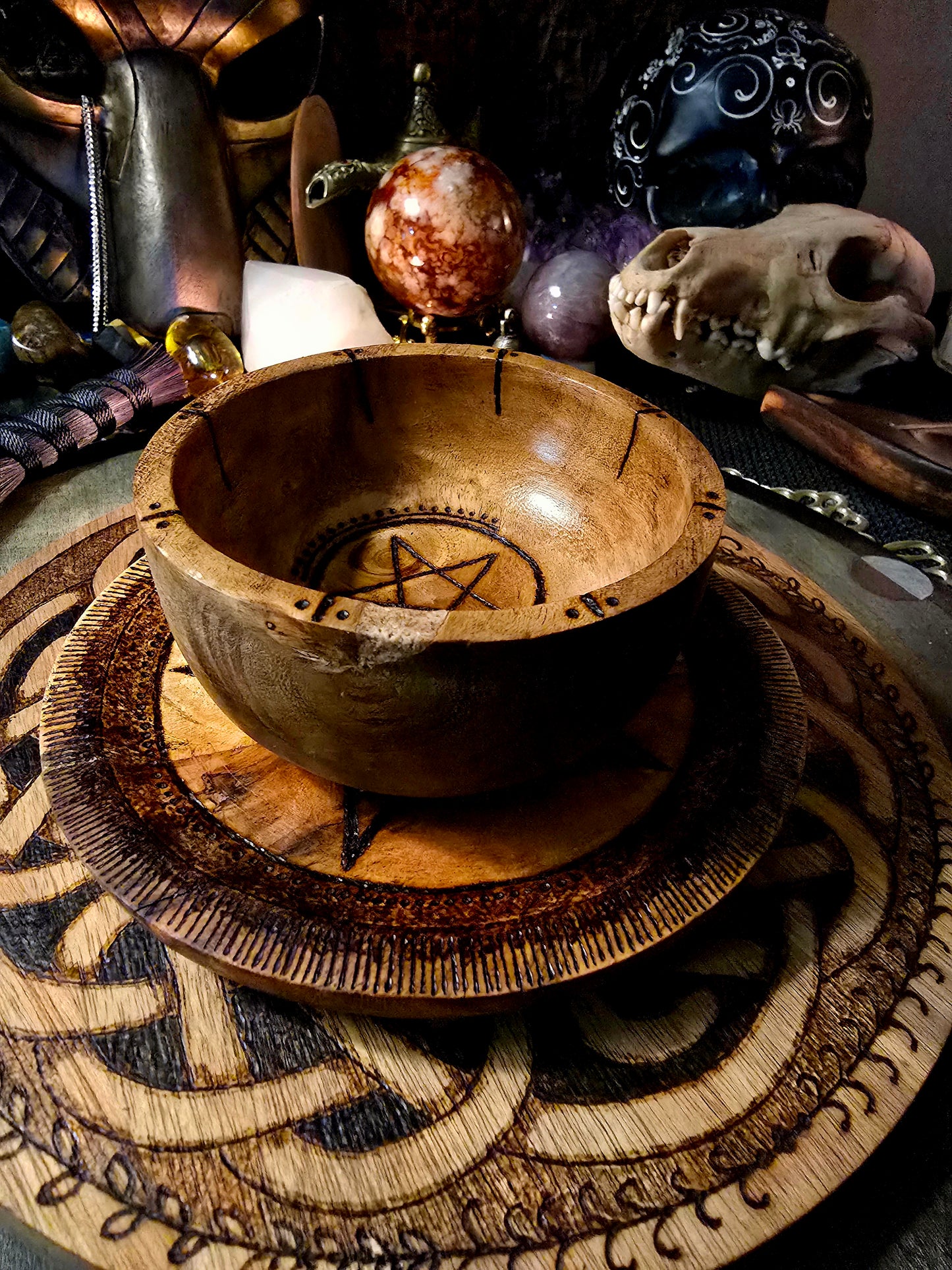 Pentacle Offering Plate & Bowl Set | Acacia Wood Altar Tools