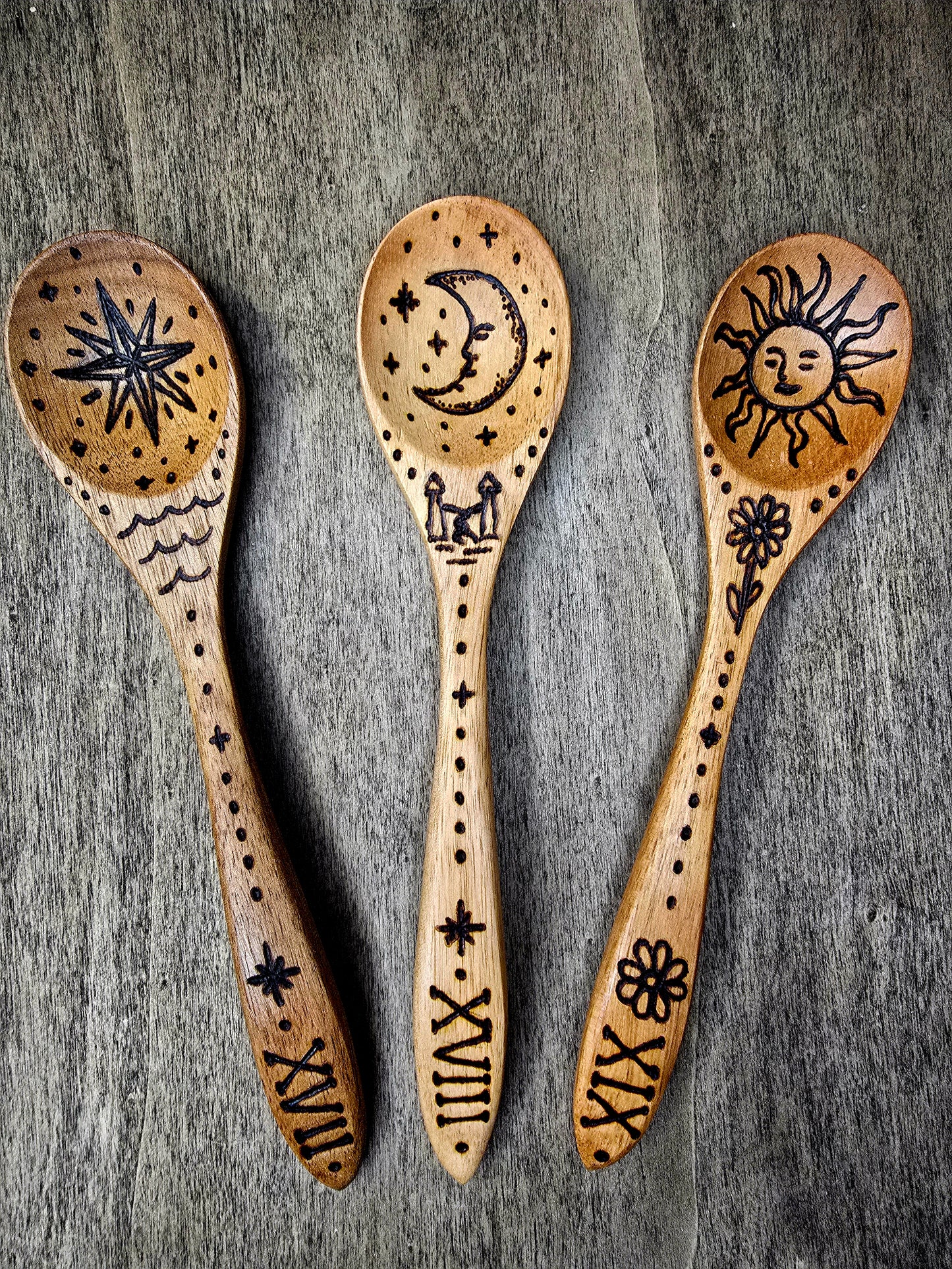 The Star, The Moon, & The Sun Tarot Ritual Spoon Set