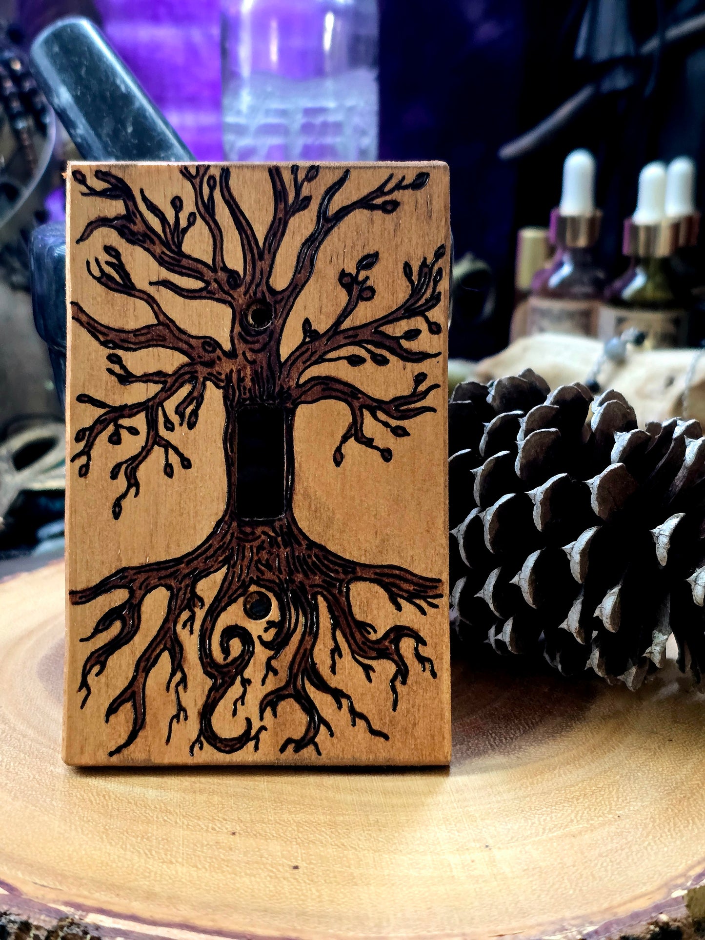 Tree of Life Hand-Burned Wooden Light Switch Cover