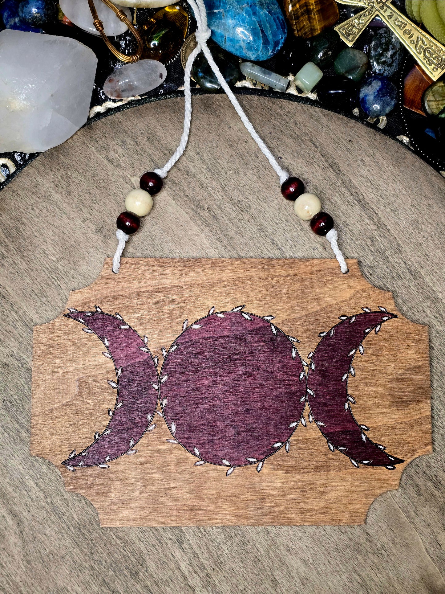 Botanical Triple Moon: Handcrafted Wall Sign